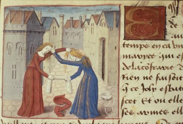 Two women fighting, from Les Cent Nouvelles Nouvelles, 1462